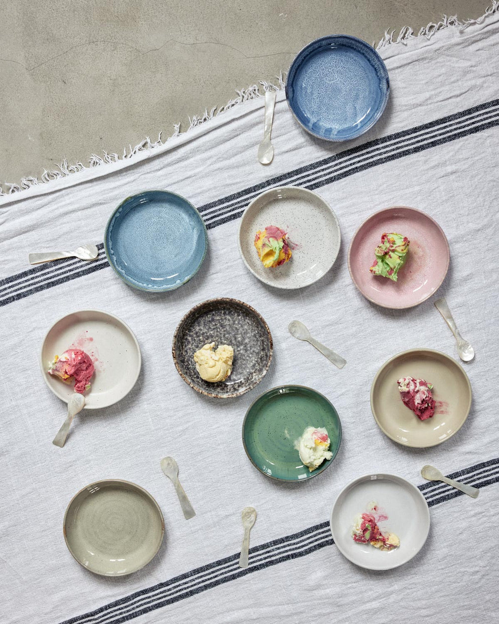 Onomao dessert plates with ice cream, overhead tablescape